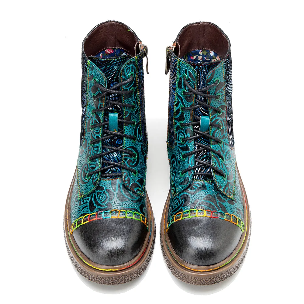 CrazycatZ Womens Leather Ankle Boots Bohemian Sporty Colorful Leahter Boots Green