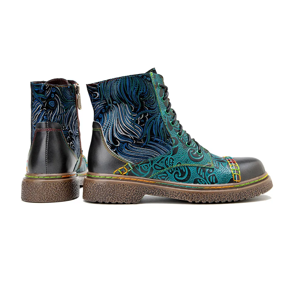 CrazycatZ Womens Leather Ankle Boots Bohemian Sporty Colorful Leahter Boots Green