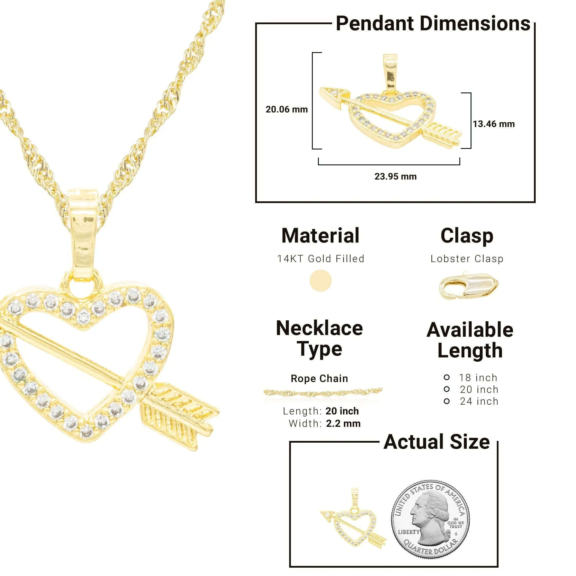 Cubic Zirconia 14K Gold Filled Heart With Arrow Pendant Necklace Set