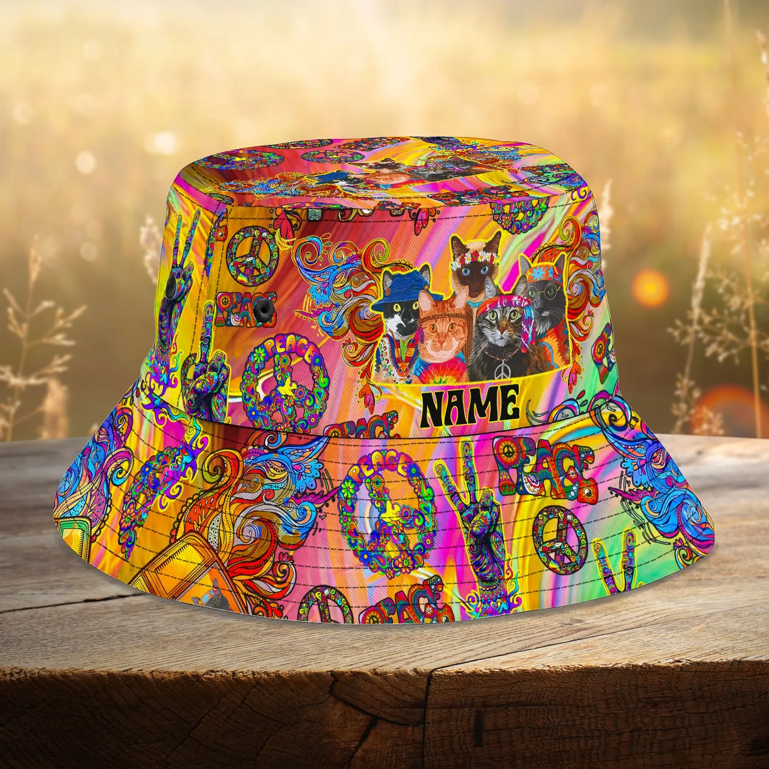 Custom Bucket Hat - Cat Hippie Car 2 - 510