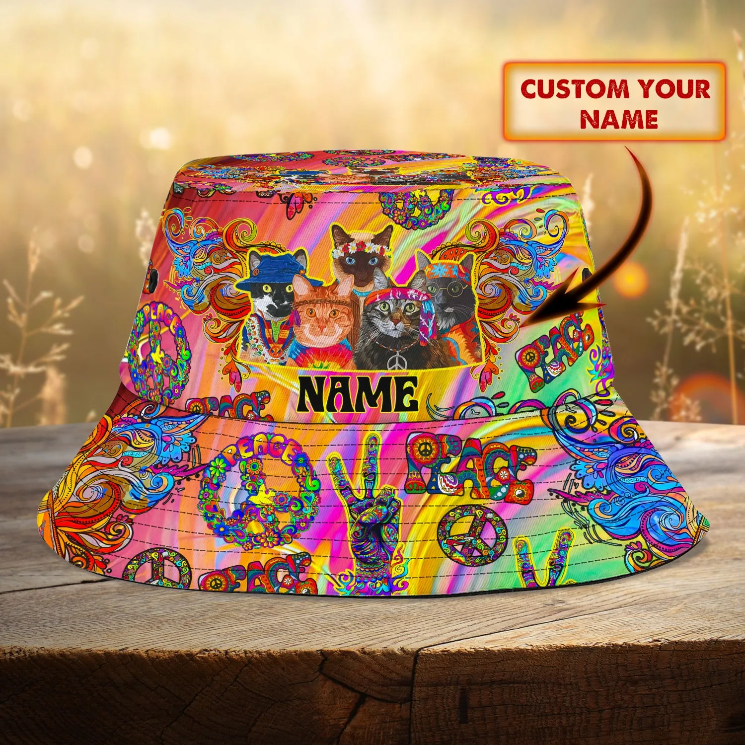 Custom Bucket Hat - Cat Hippie Car 2 - 510