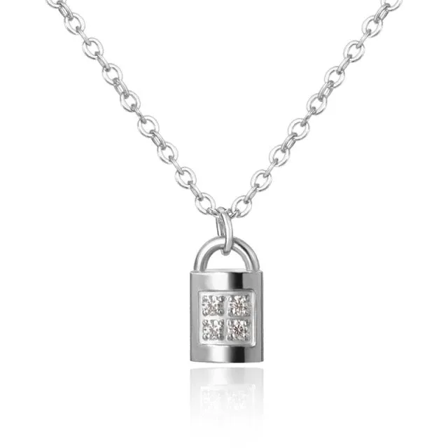CZ Stone Gold Lock Pendant Necklace