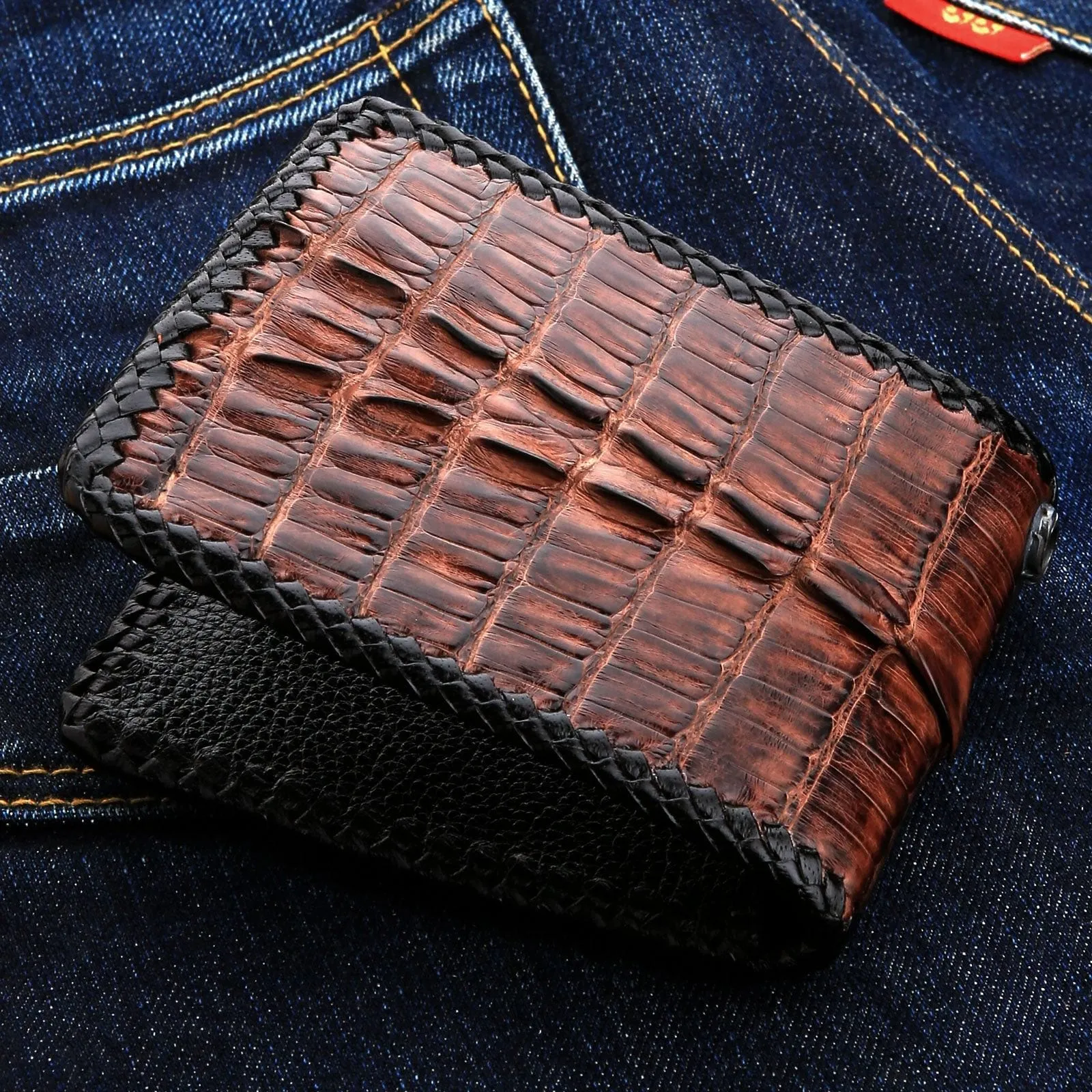 Dark Brown Crocodile Leather Bifold Biker Wallet