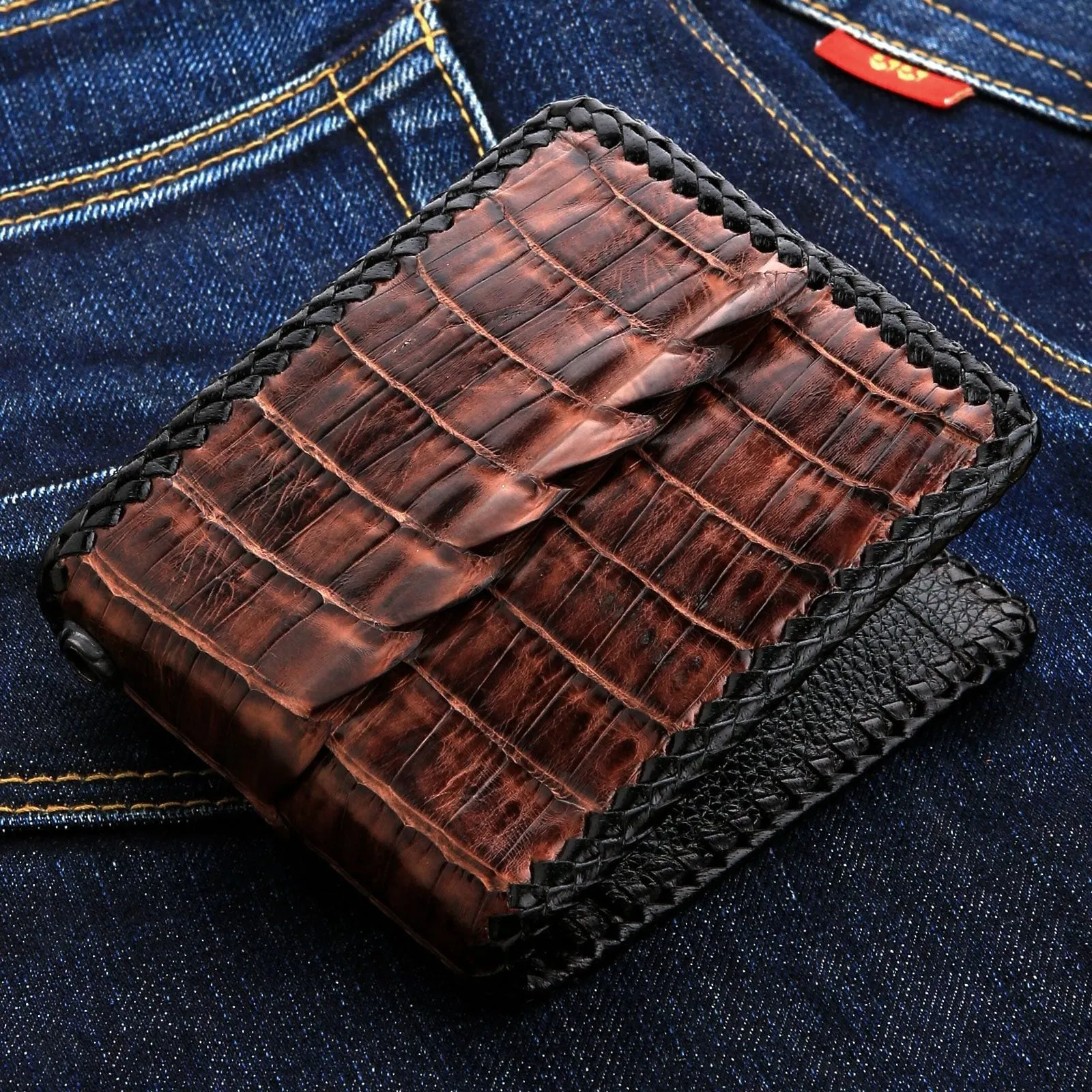 Dark Brown Crocodile Leather Bifold Biker Wallet