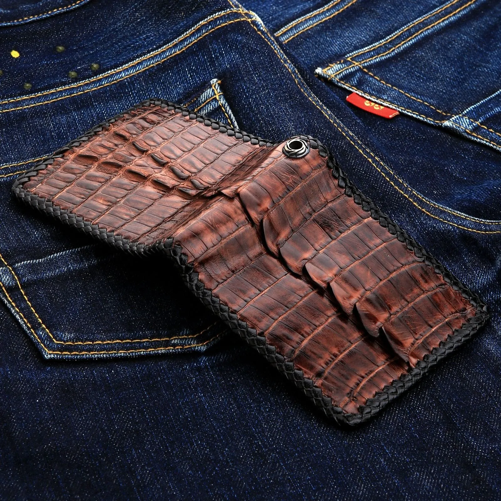 Dark Brown Crocodile Leather Bifold Biker Wallet