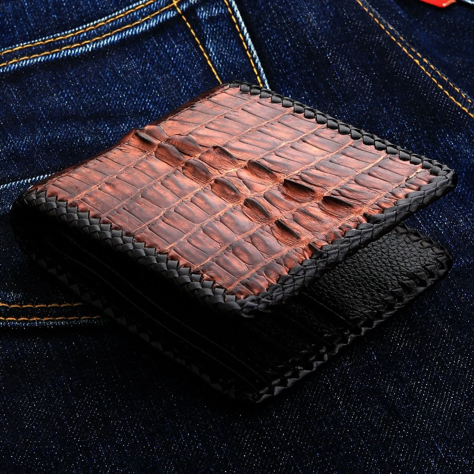 Dark Brown Crocodile Leather Bifold Biker Wallet