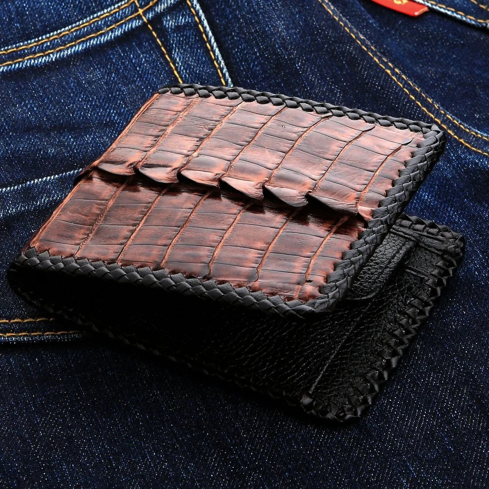 Dark Brown Crocodile Leather Bifold Biker Wallet