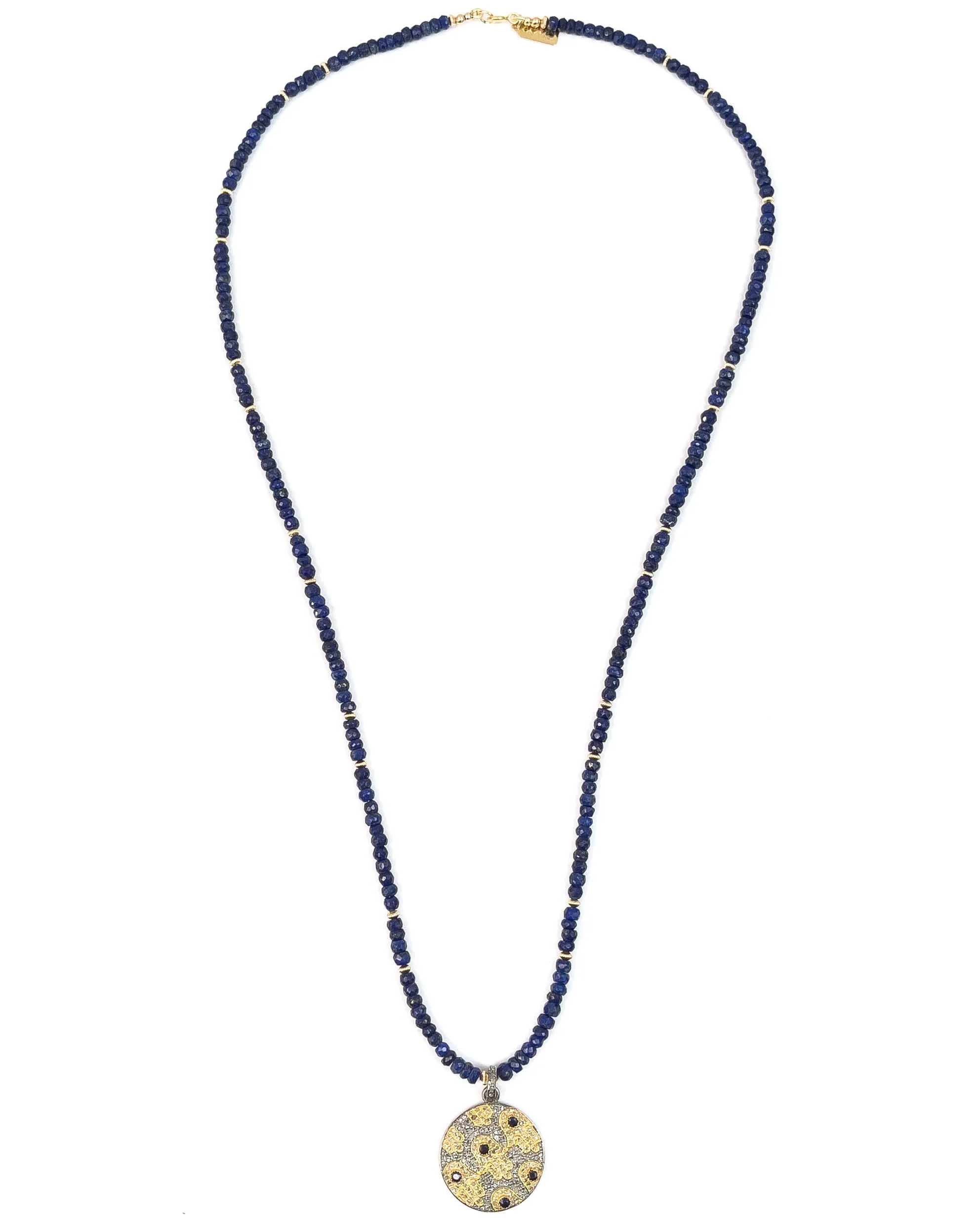Diamond & Sapphire Hamsa Pendant on Lapis Lazuli Necklace
