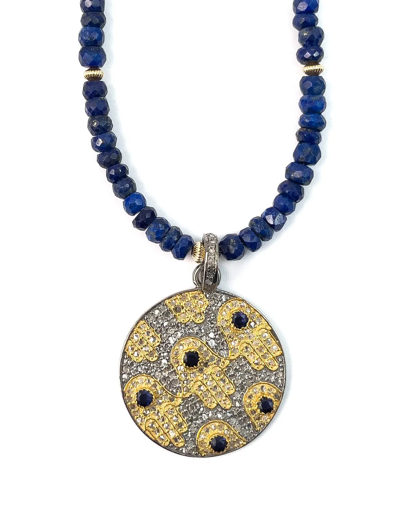 Diamond & Sapphire Hamsa Pendant on Lapis Lazuli Necklace