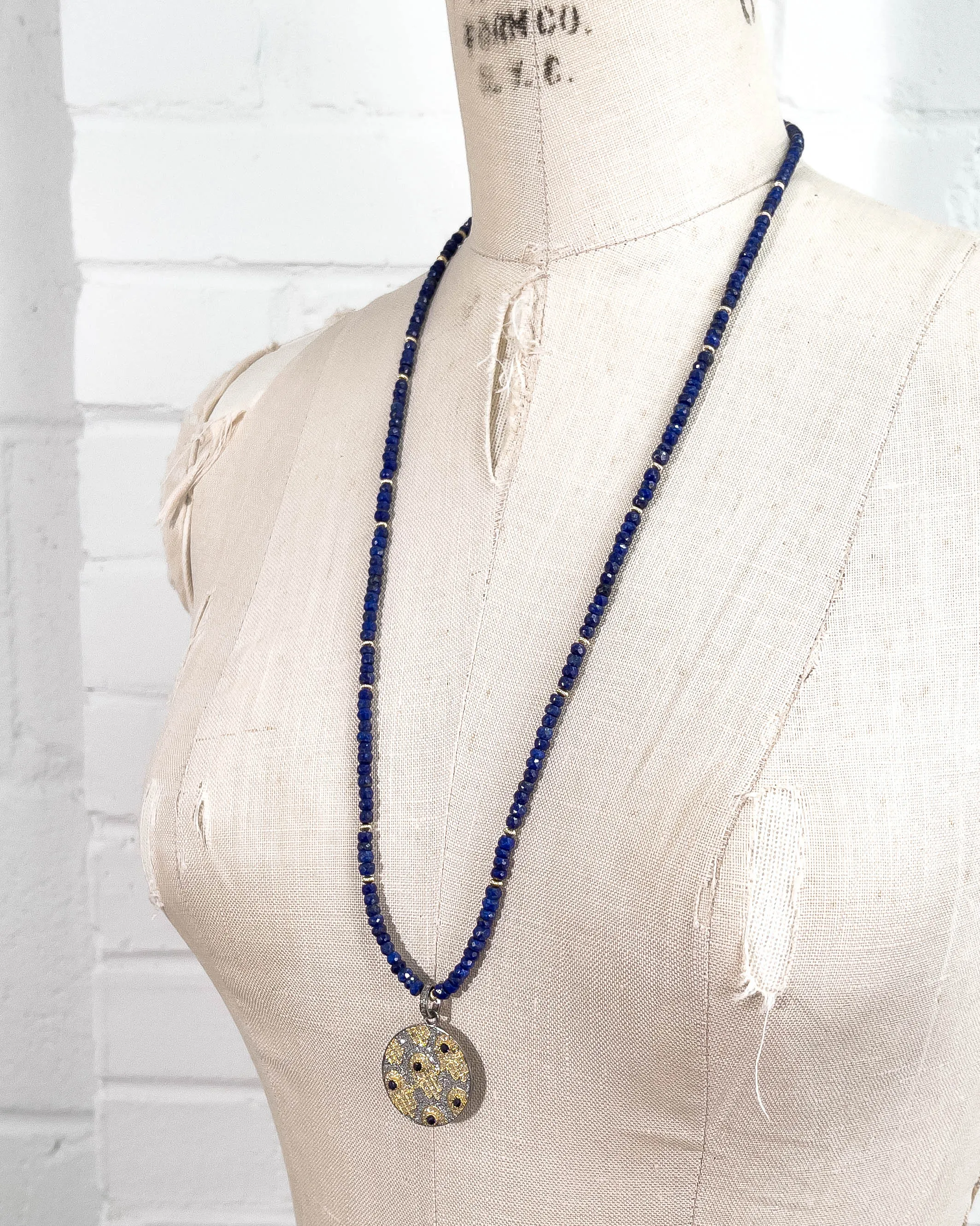 Diamond & Sapphire Hamsa Pendant on Lapis Lazuli Necklace