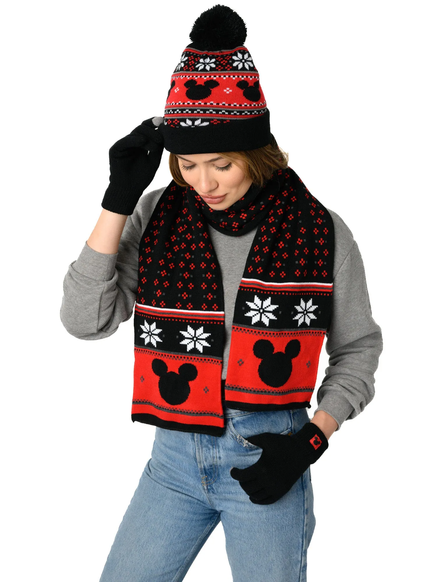 Disney Mickey Mouse Knit Beanie Hat, Gloves & Scarf 3-Piece Adult Winter Set