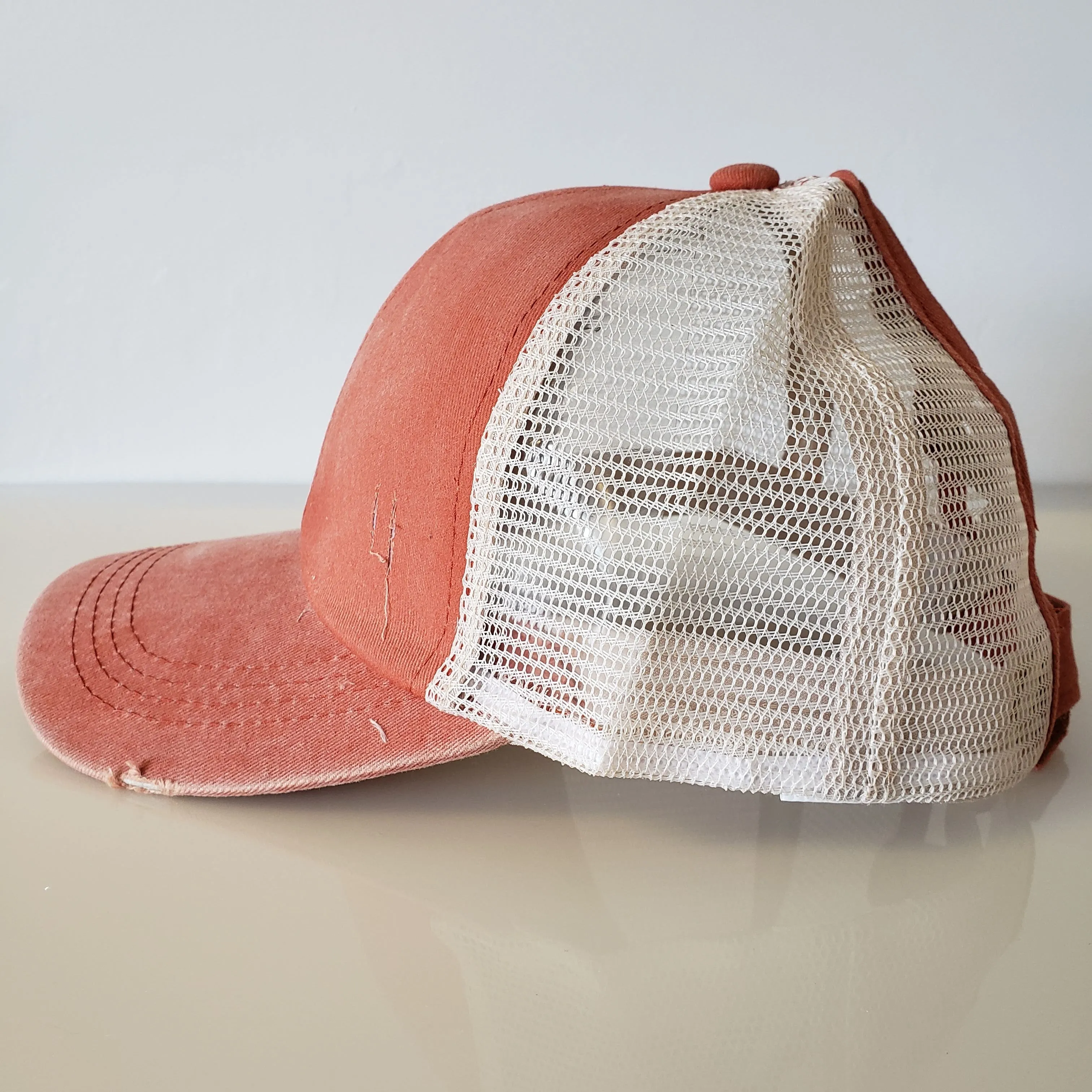 DISTRESSED Ponytail Baseball Hat - Criss Cross ORANGE SODA