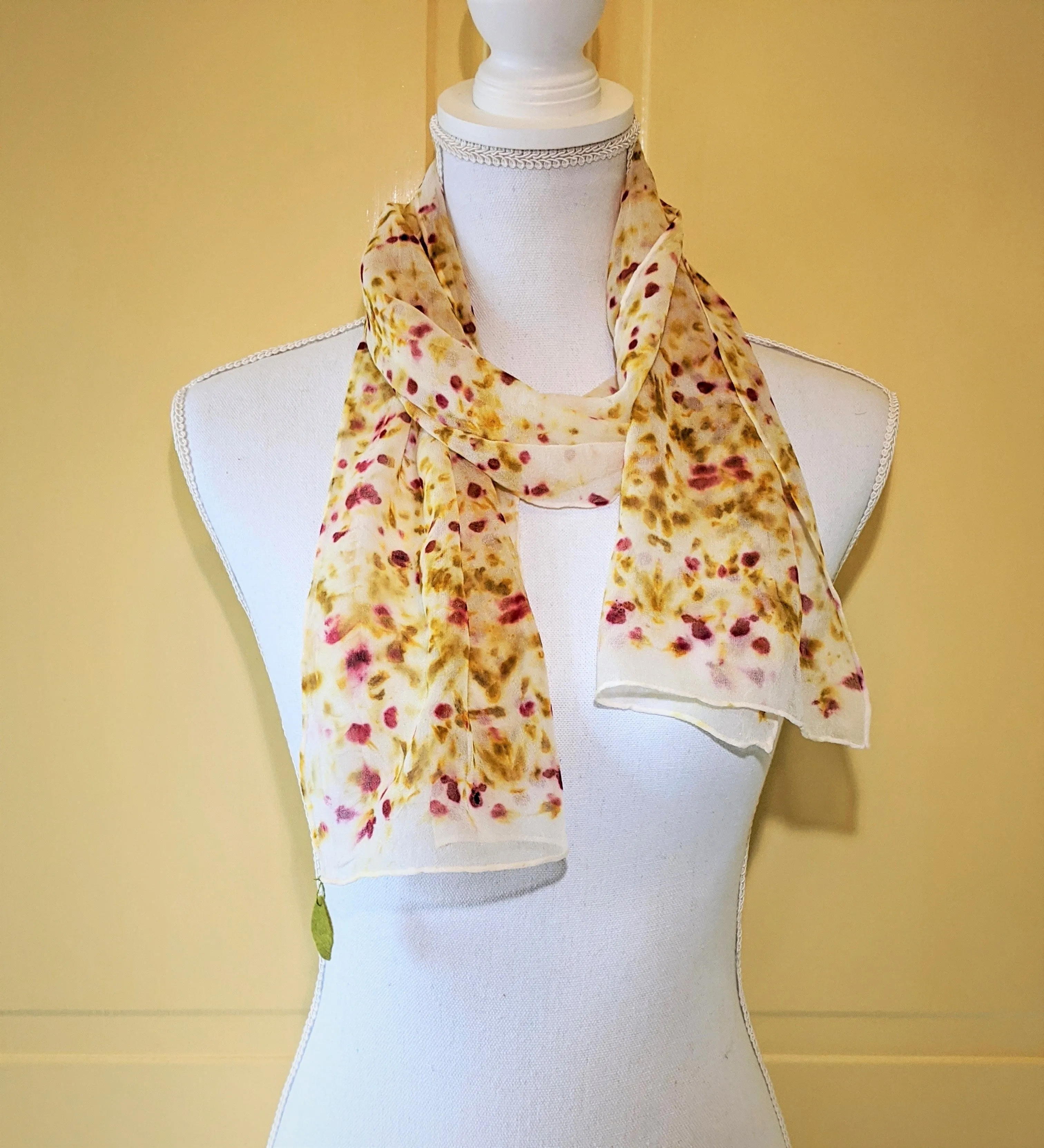 Dot to Dot / Yellow & Red Eco Print Silk Chiffon Scarf
