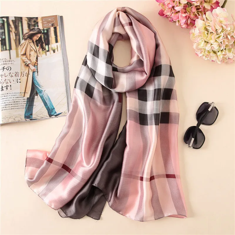 Elegant Fashion Classic Plaid Gradient Stamp Printing Silk Scarf Shawl Wrap for Women Ladies Girls 90x180