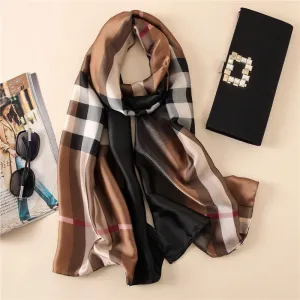 Elegant Fashion Classic Plaid Gradient Stamp Printing Silk Scarf Shawl Wrap for Women Ladies Girls 90x180