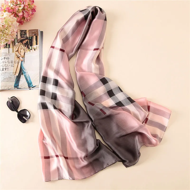 Elegant Fashion Classic Plaid Gradient Stamp Printing Silk Scarf Shawl Wrap for Women Ladies Girls 90x180