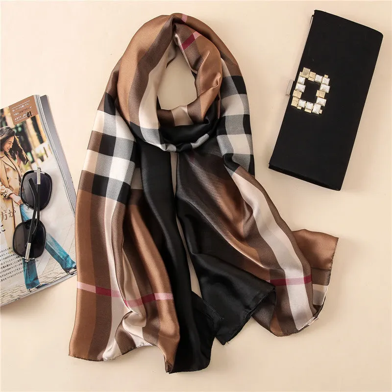 Elegant Fashion Classic Plaid Gradient Stamp Printing Silk Scarf Shawl Wrap for Women Ladies Girls 90x180