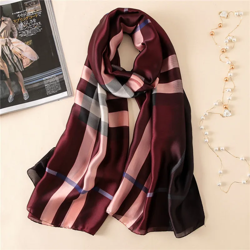 Elegant Fashion Classic Plaid Gradient Stamp Printing Silk Scarf Shawl Wrap for Women Ladies Girls 90x180