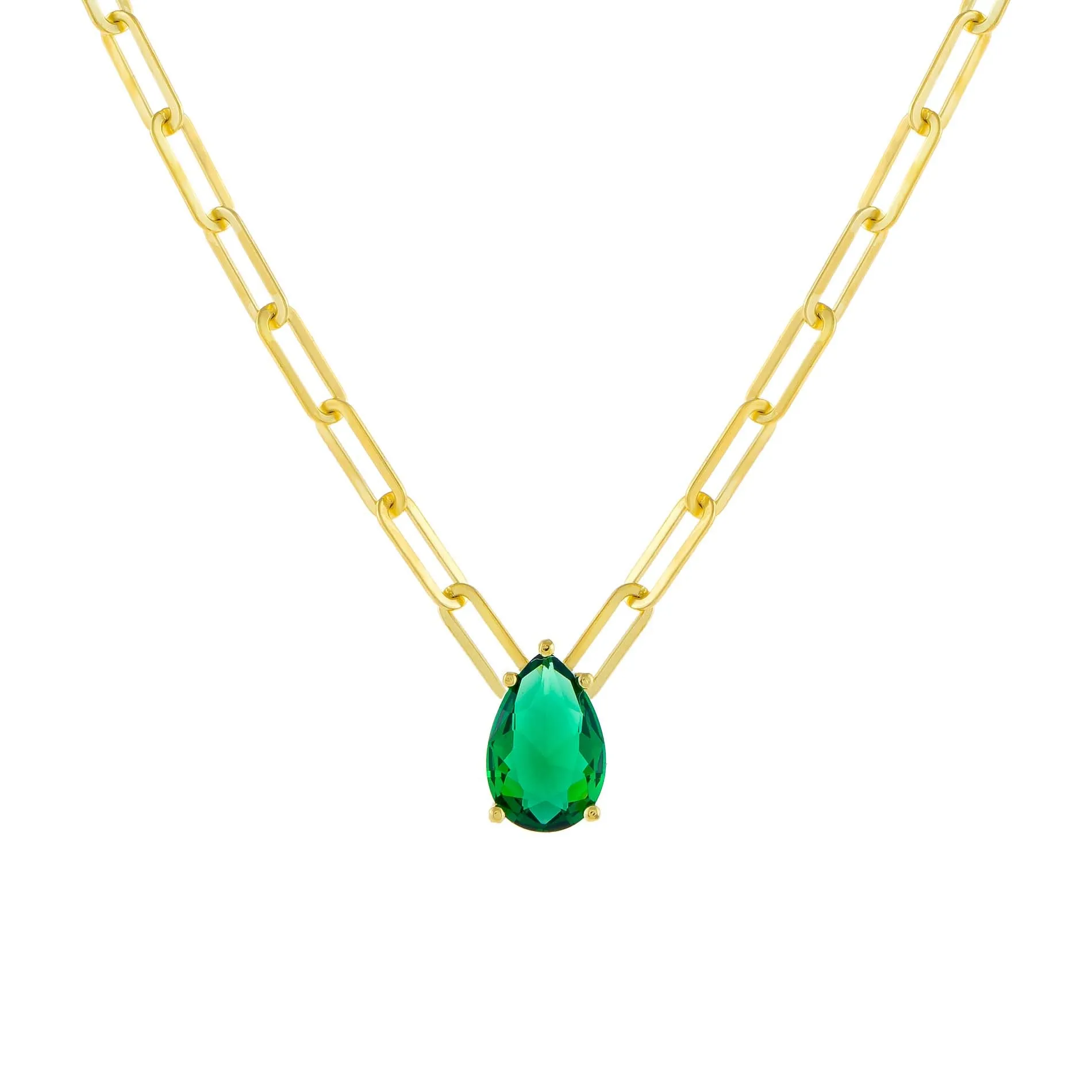 Emerald Teardrop Paperclip Necklace