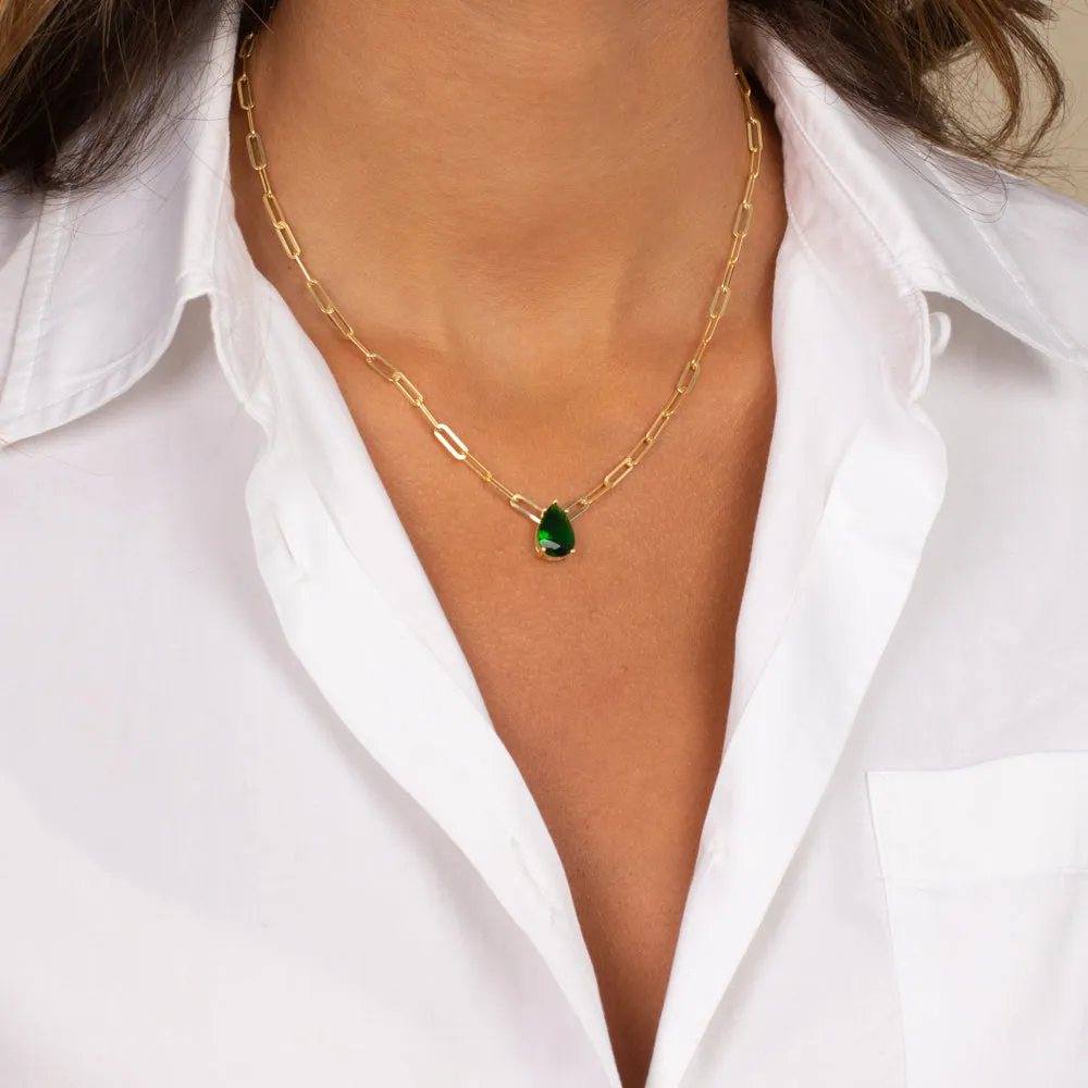 Emerald Teardrop Paperclip Necklace
