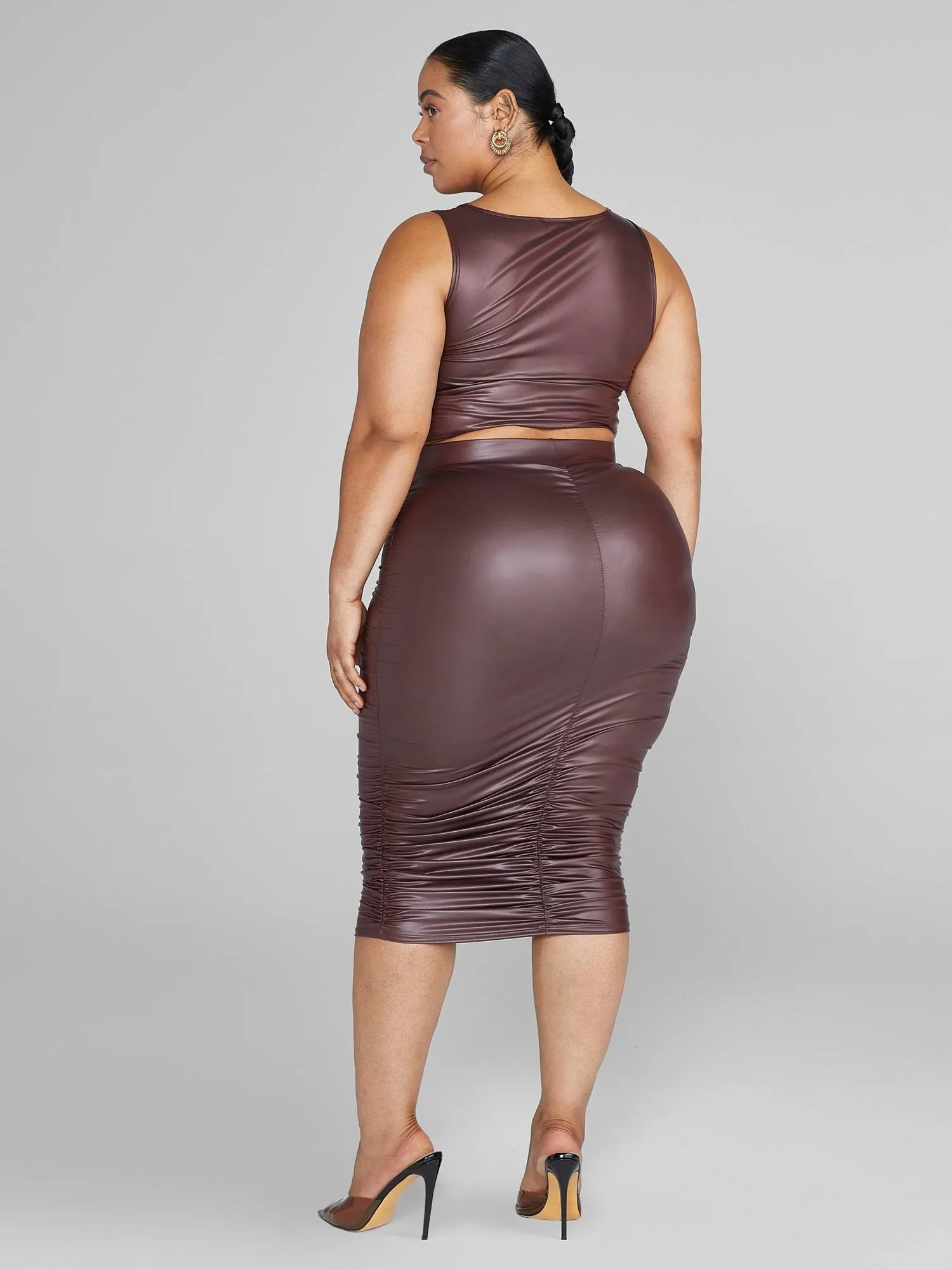 Fashion To Figure - Chantel Leather Look Ruched Midi Skirt