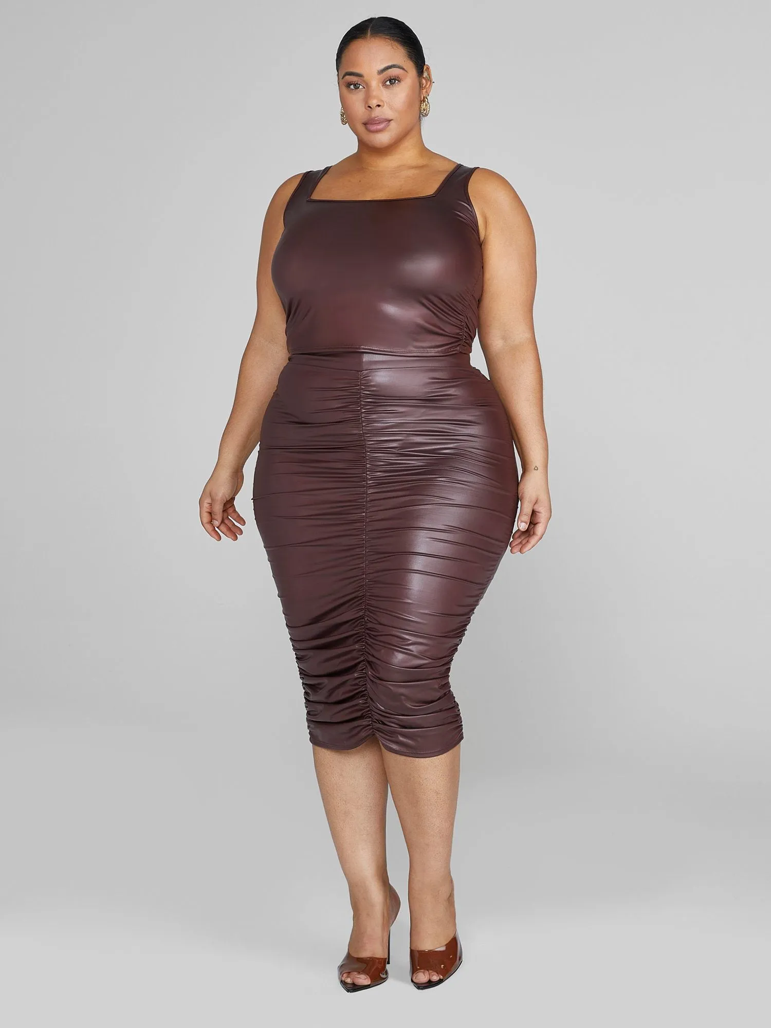 Fashion To Figure - Chantel Leather Look Ruched Midi Skirt