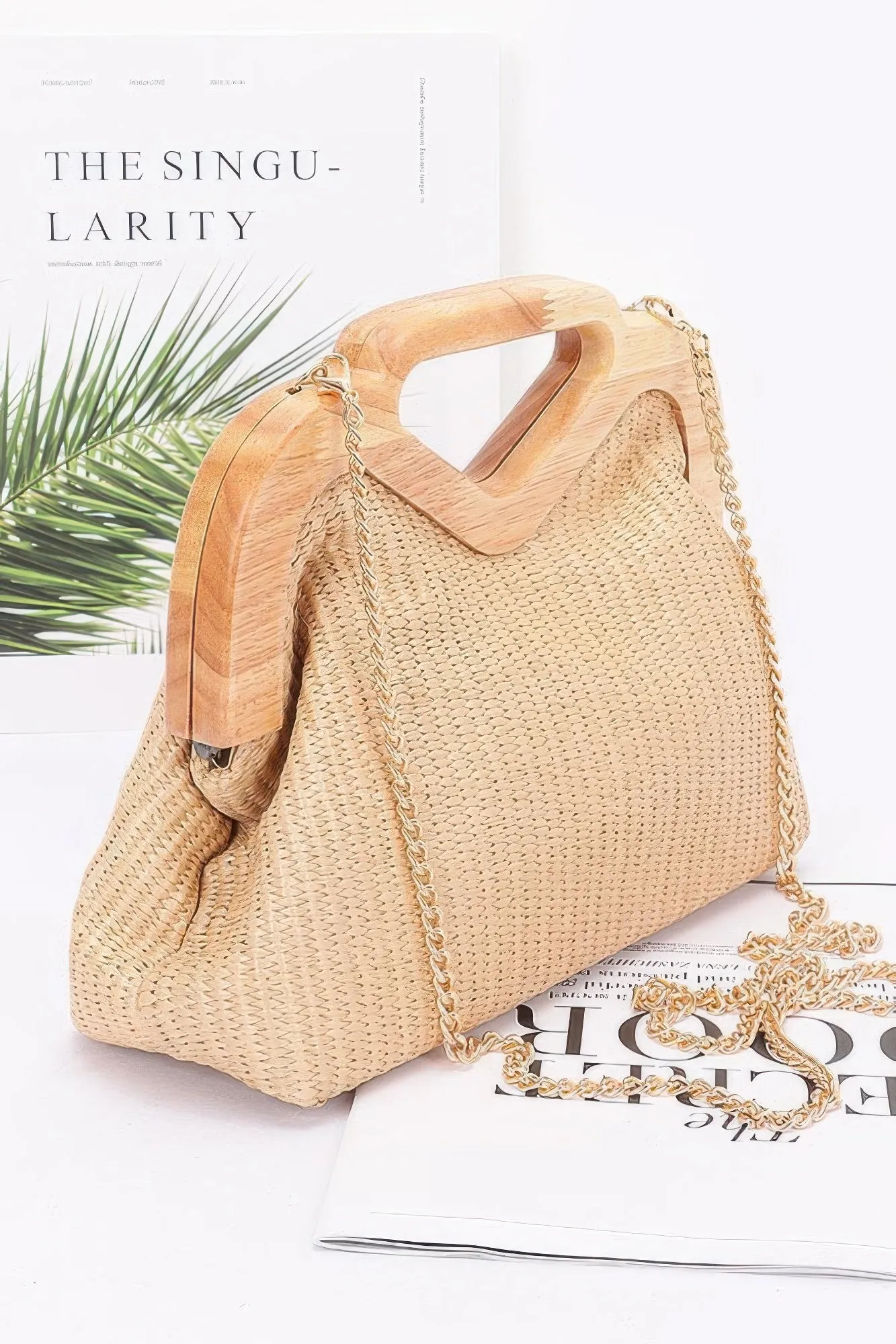 Faux Straw Wood Frame Clutch