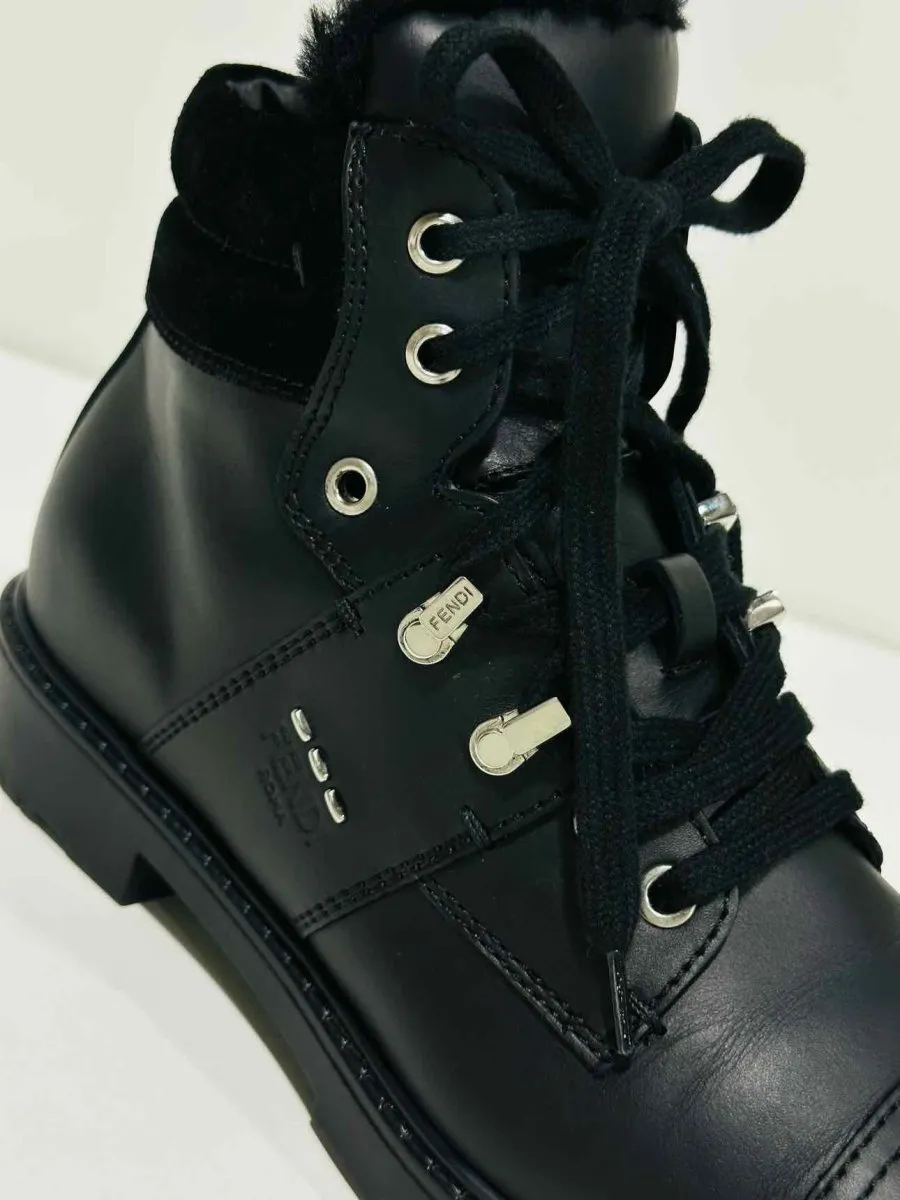 FENDI Fur Trim Black Ankle Boots 36