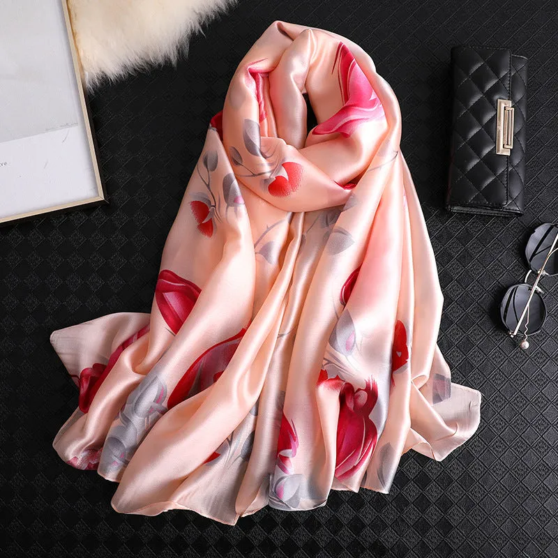 Flower Print Silk Scarf Shawl Wrap for Women Ladies Girls 90x180