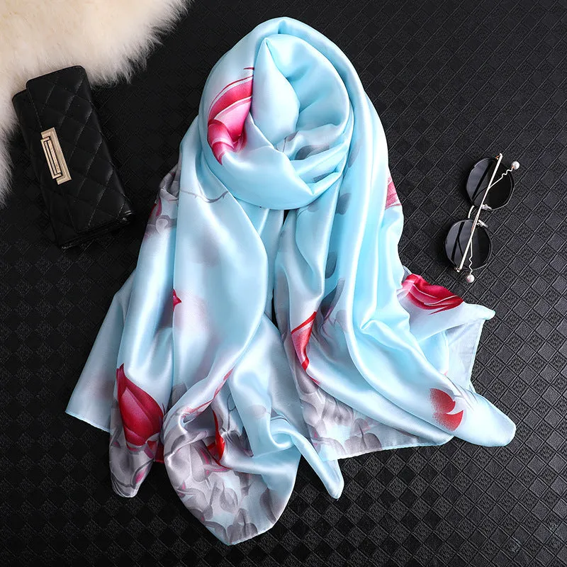 Flower Print Silk Scarf Shawl Wrap for Women Ladies Girls 90x180