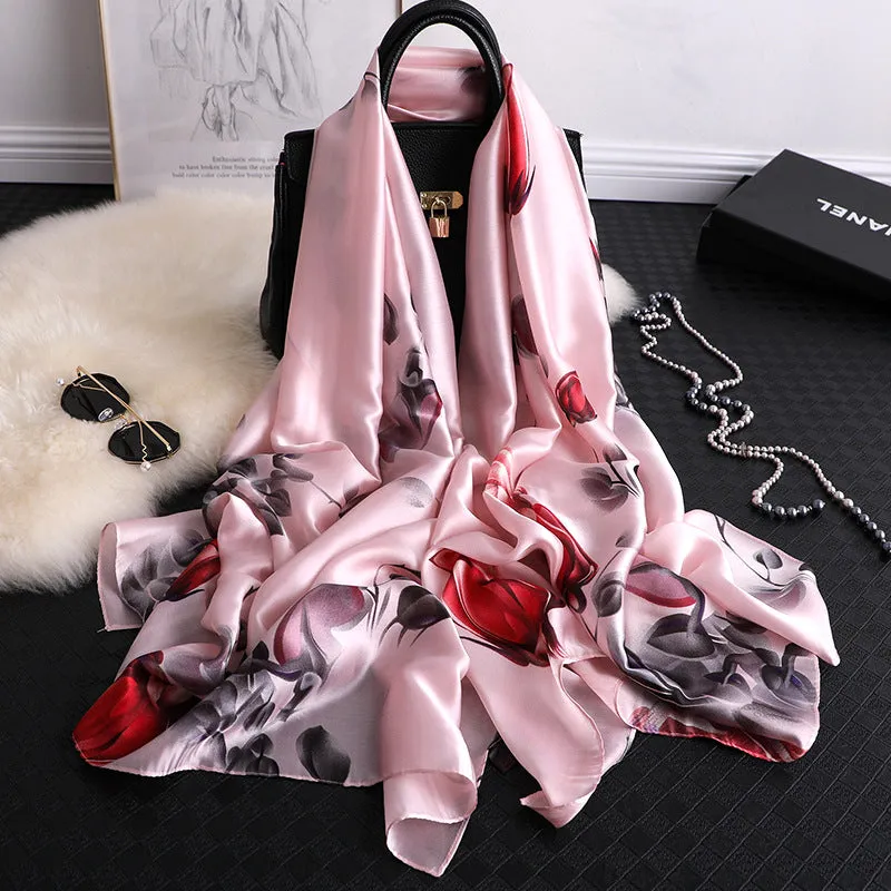 Flower Print Silk Scarf Shawl Wrap for Women Ladies Girls 90x180