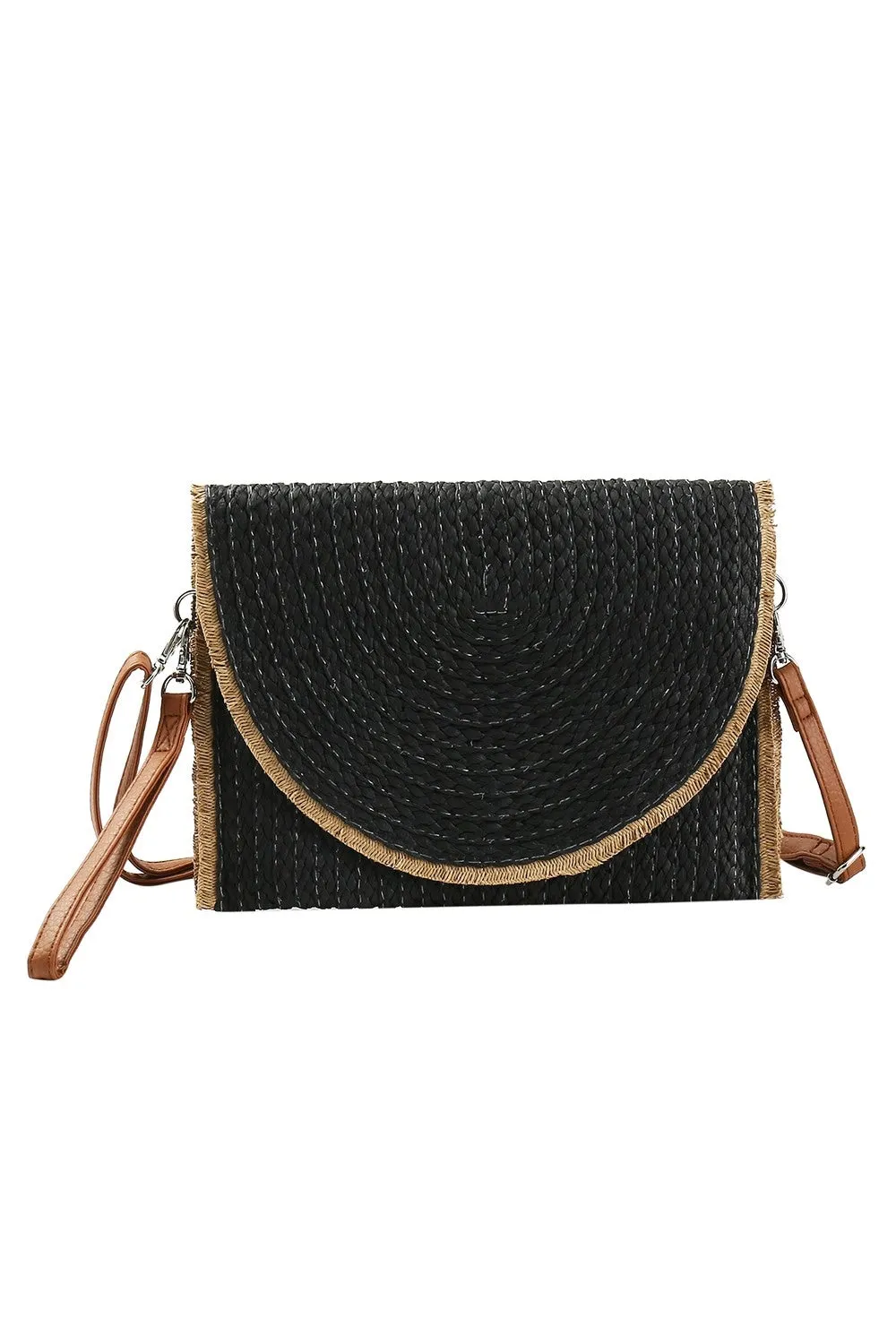 Frayed Trim Two Tone Straw Clutch & Crossbody Black - Pack of 6