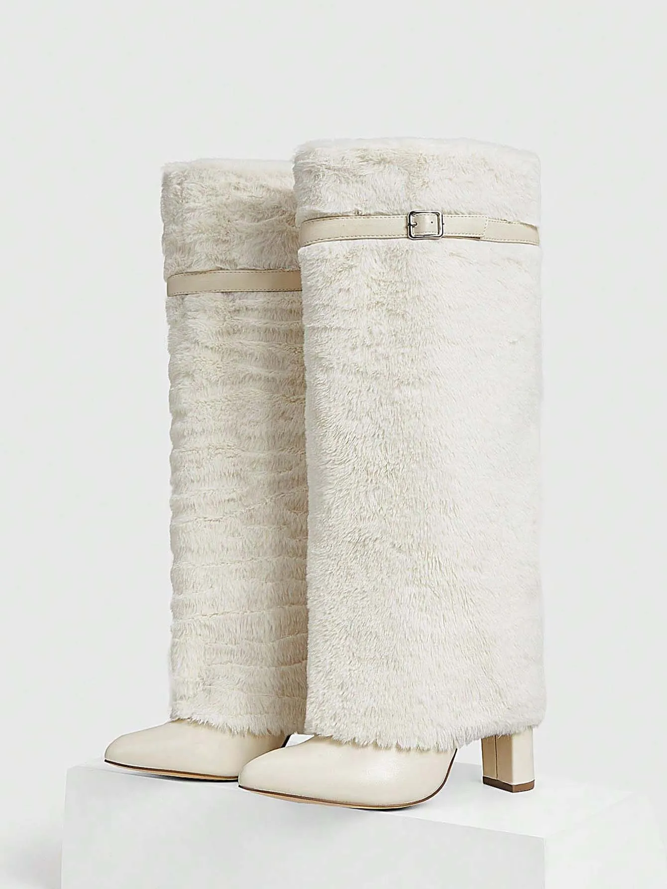Furry Knee High Boots - Beige