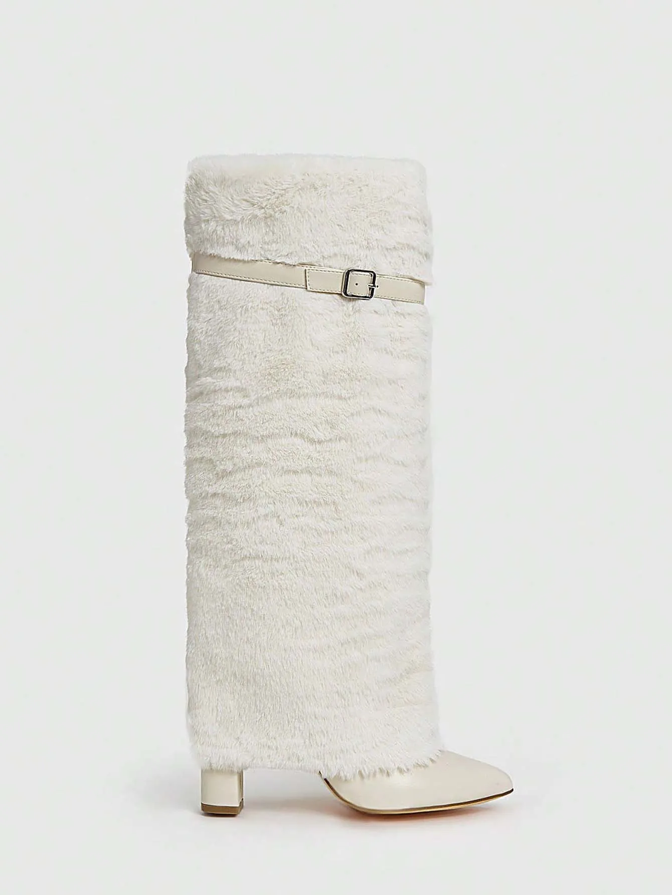 Furry Knee High Boots - Beige