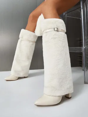 Furry Knee High Boots - Beige