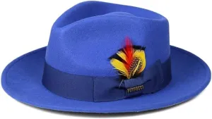 Gangster 100% Austrailian Wool Crushable Mens Fedora Hat - Removable Feather Gangster Royal Blue Mens Fedora Hat