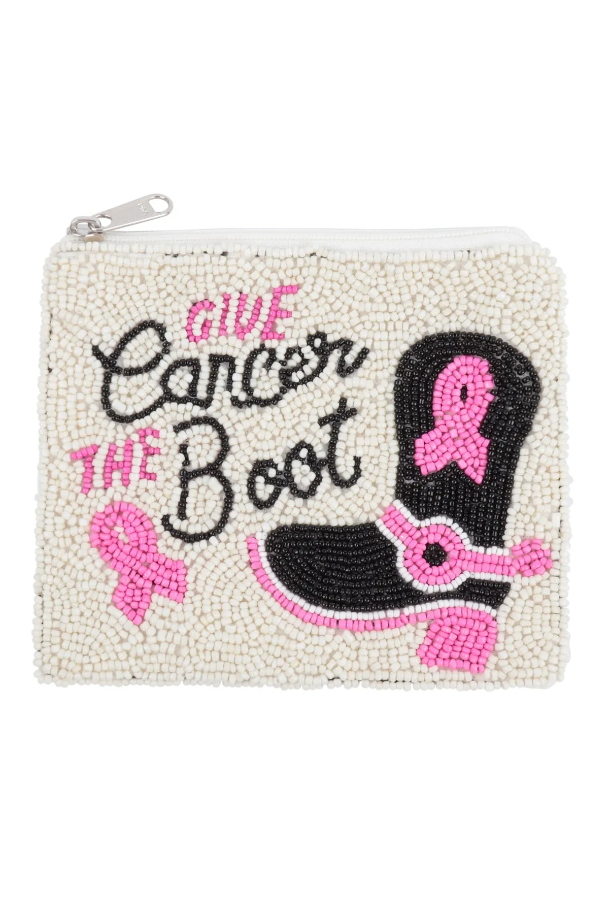 Give Cancer the Boot Pink Ribbon Awareness Seed Beads Coin Pouch Cream - Pack of 6