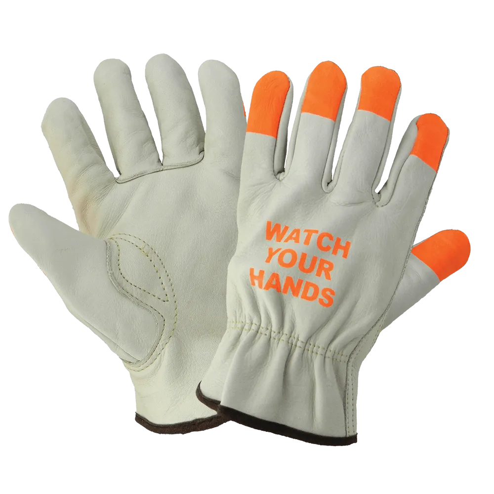 Global Glove & Safety 3200WH Leather Driver Style Gloves with High Visibility Orange Fingertips