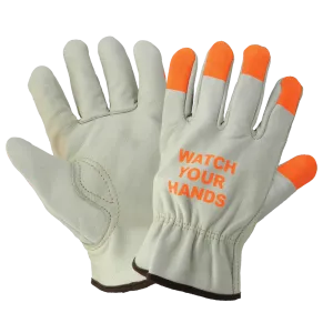 Global Glove & Safety 3200WH Leather Driver Style Gloves with High Visibility Orange Fingertips