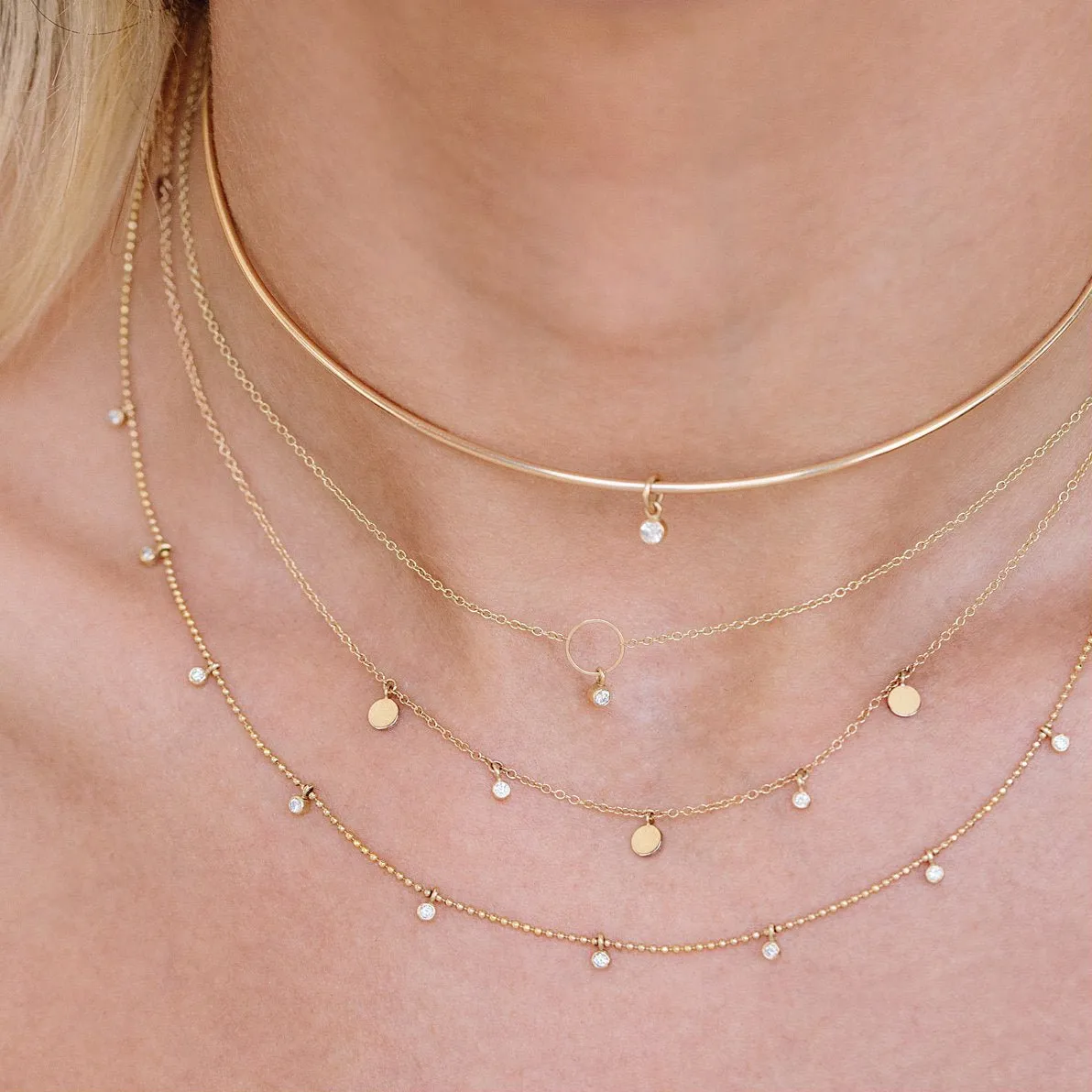 Gold Circle Necklace with Diamond Drop