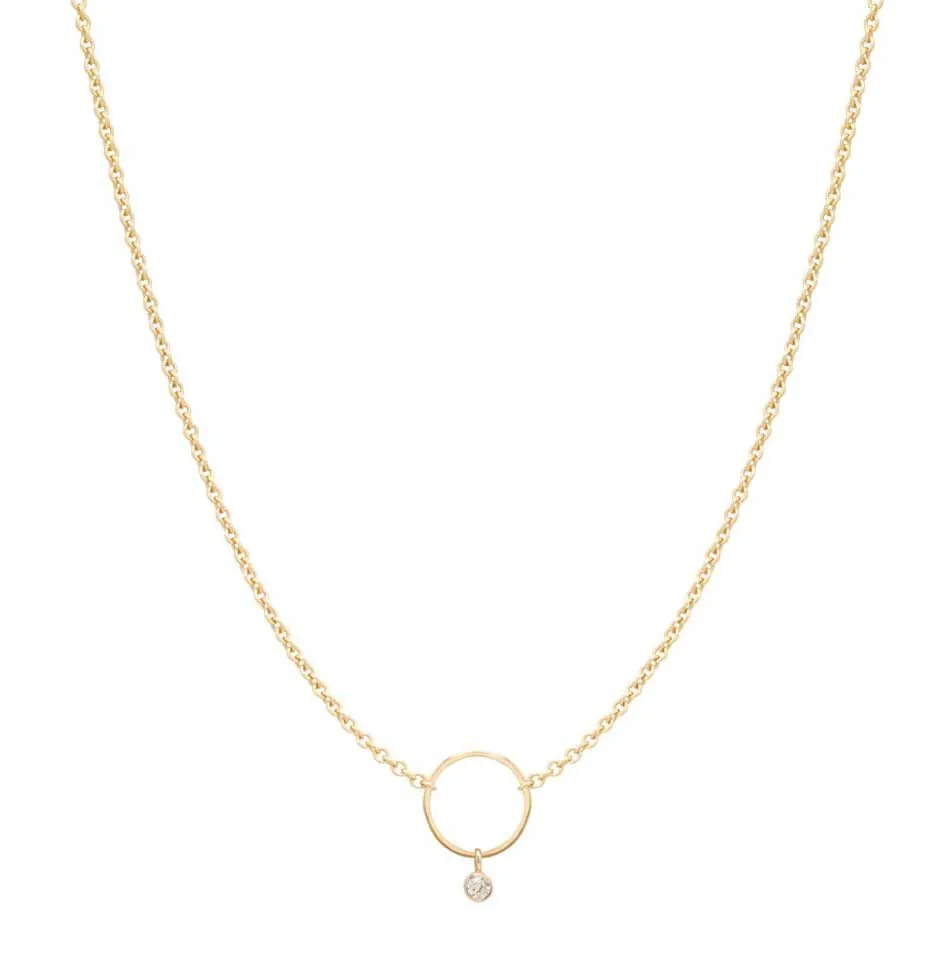 Gold Circle Necklace with Diamond Drop