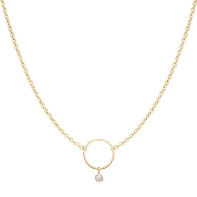 Gold Circle Necklace with Diamond Drop