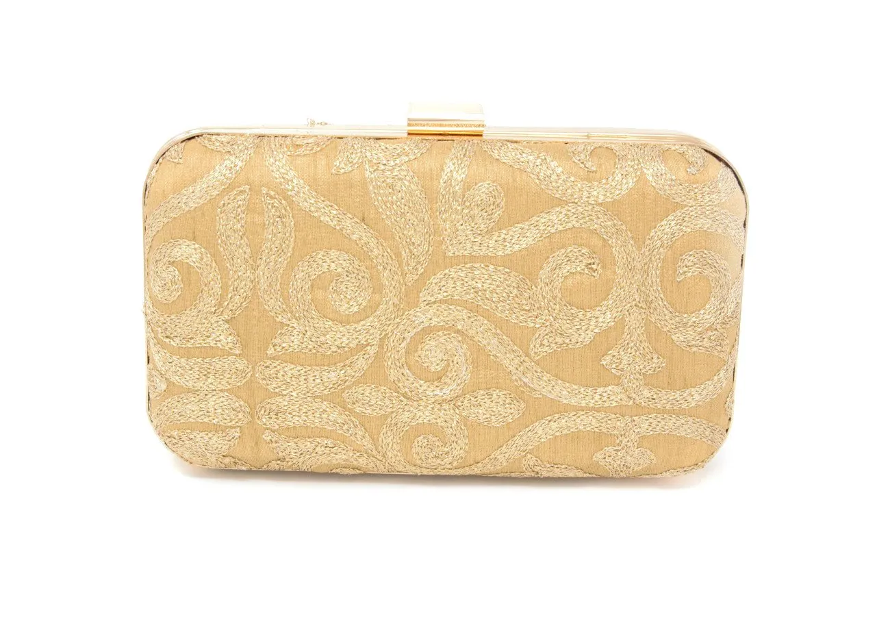 Gold Embroidered Clutch With Chain