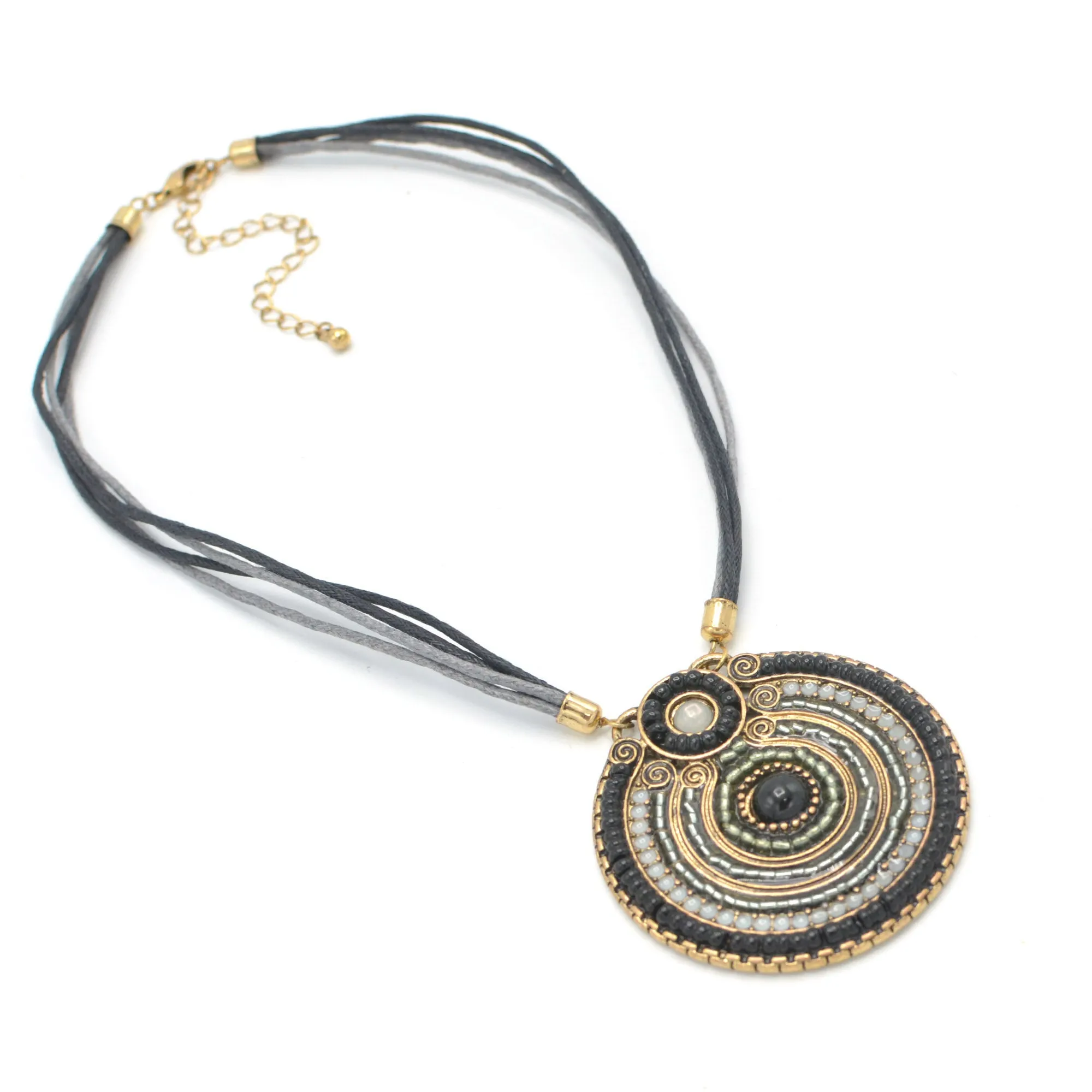 GOLD OXIDIZE ROUND DISK  BEAD PENDANT ROPE CHAIN ADJUSTABLE NECKLACE# SC25049GDGRY (KF5))