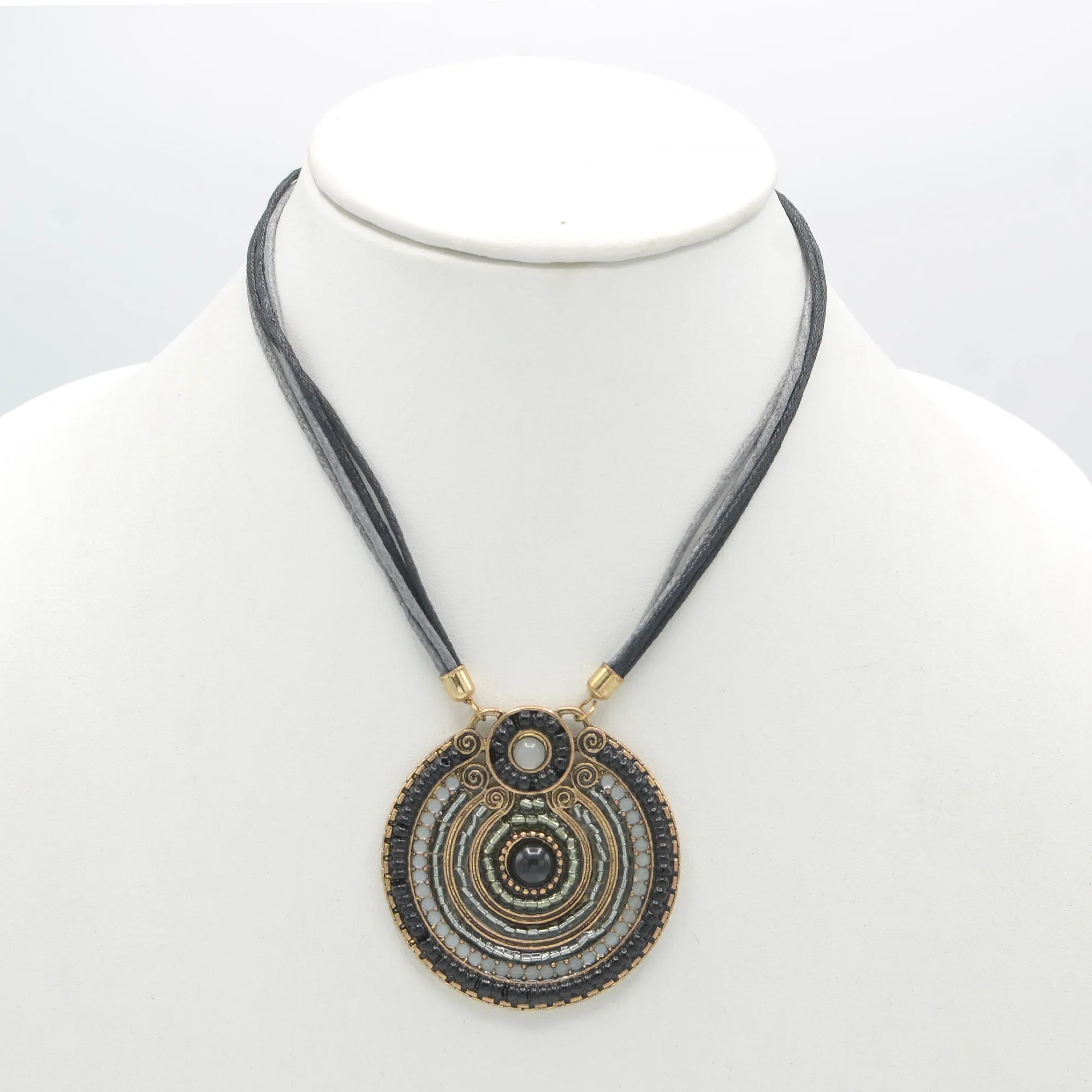 GOLD OXIDIZE ROUND DISK  BEAD PENDANT ROPE CHAIN ADJUSTABLE NECKLACE# SC25049GDGRY (KF5))