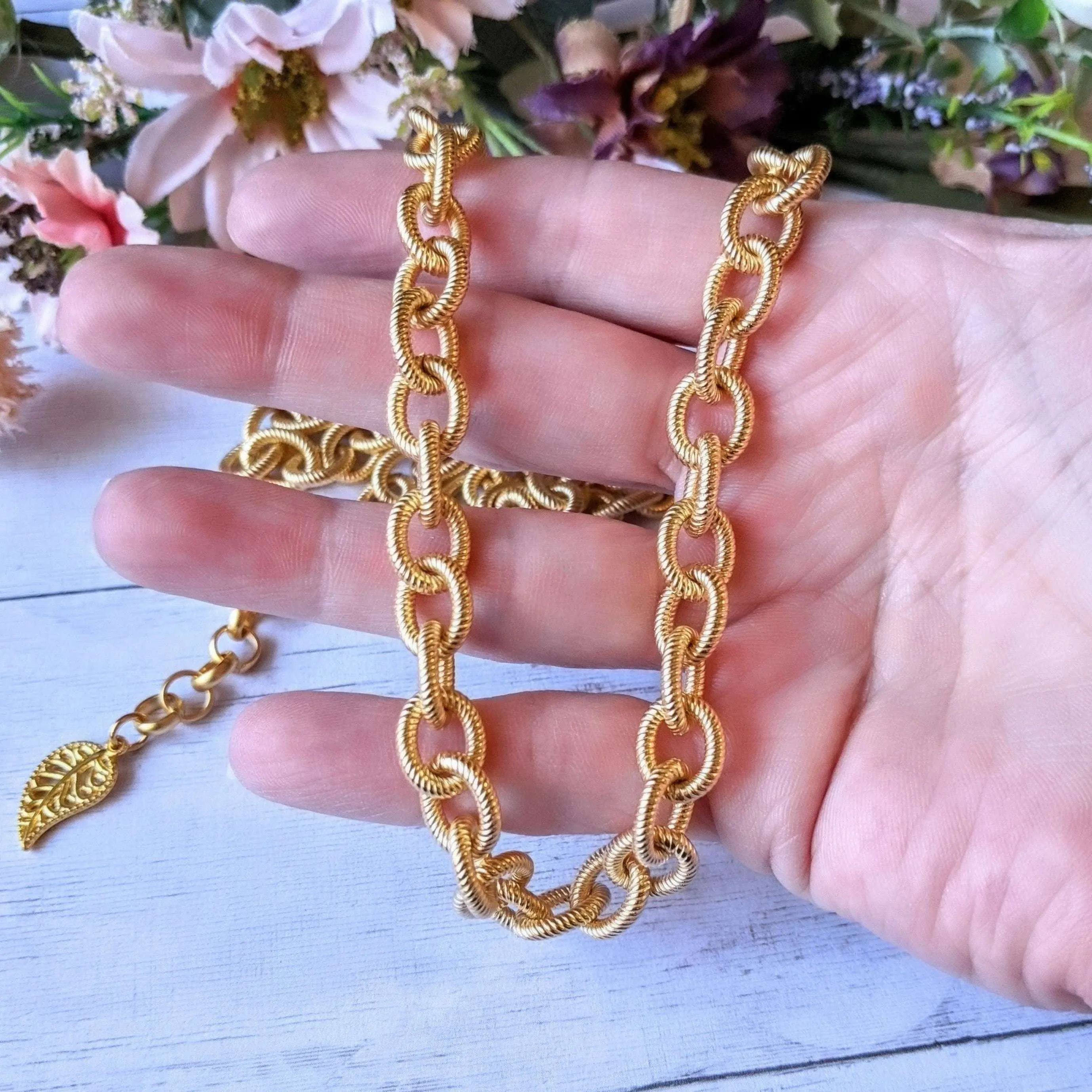 Gold Textured Oval Link Necklace, 24 inch