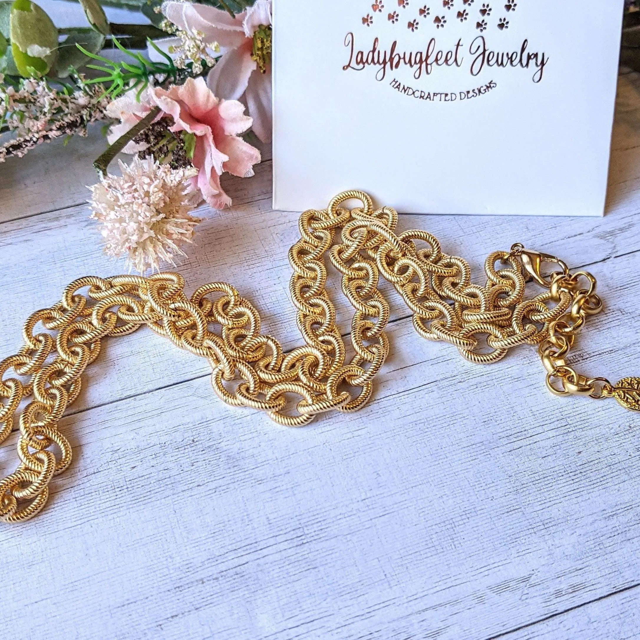 Gold Textured Oval Link Necklace, 24 inch