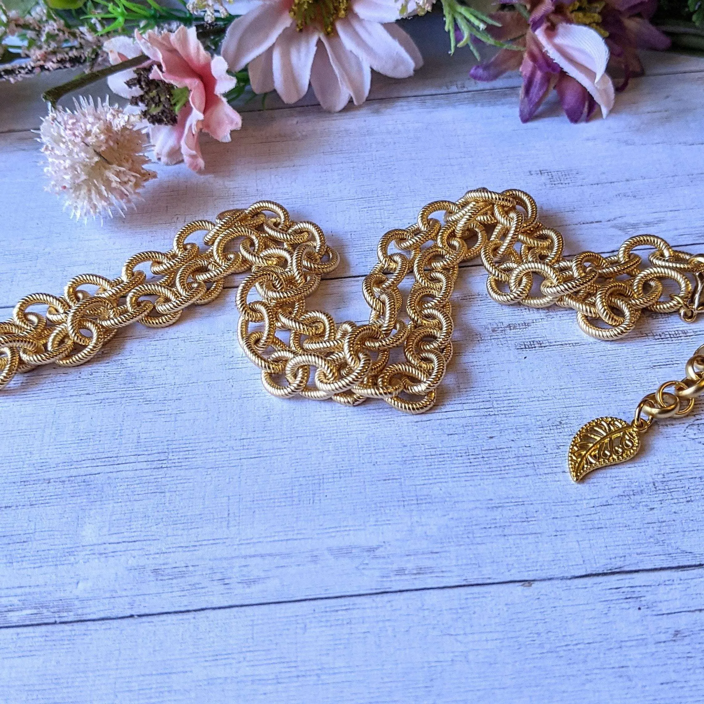 Gold Textured Oval Link Necklace, 24 inch