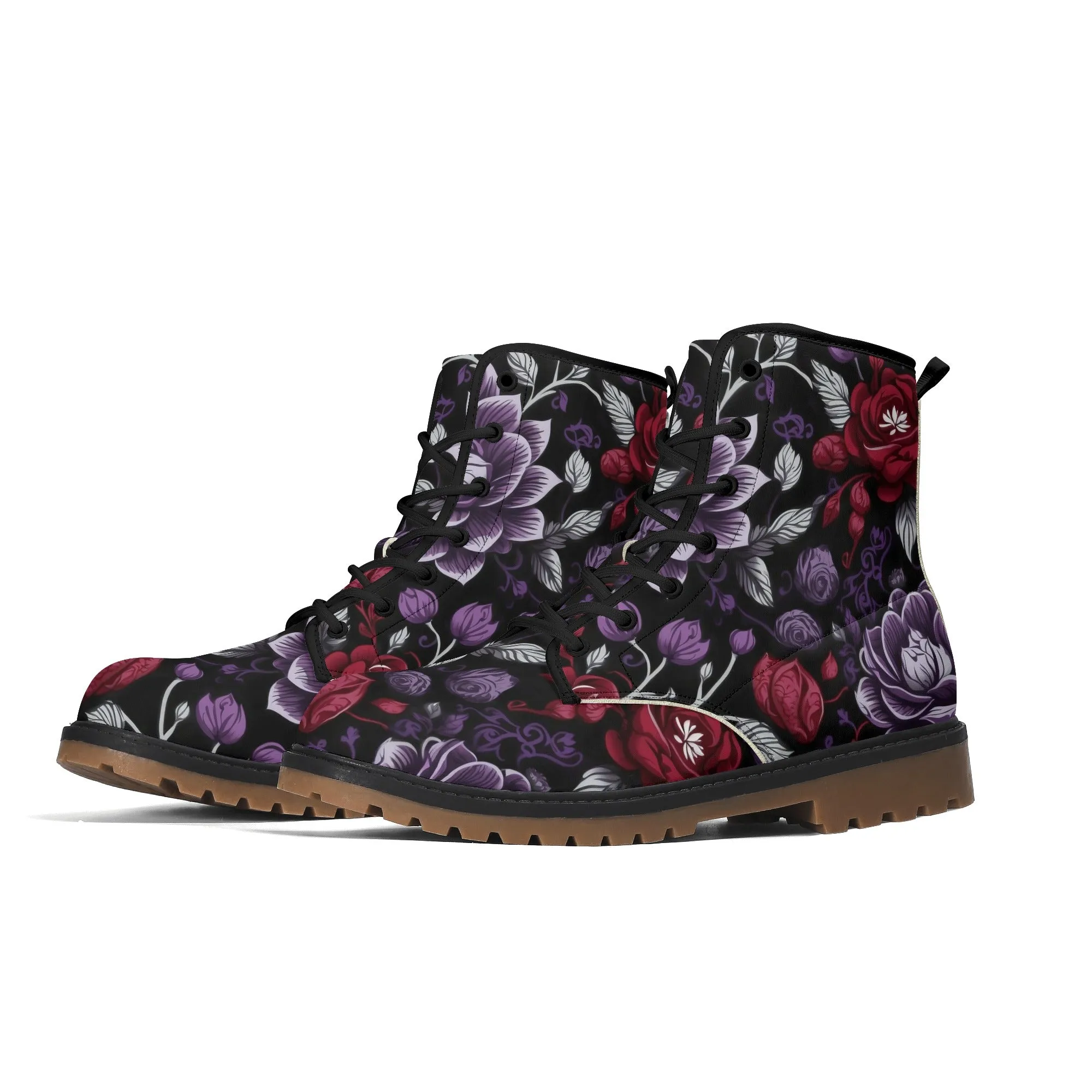 Goth Purple & Red Flowers Womens Luxe Combat Boots