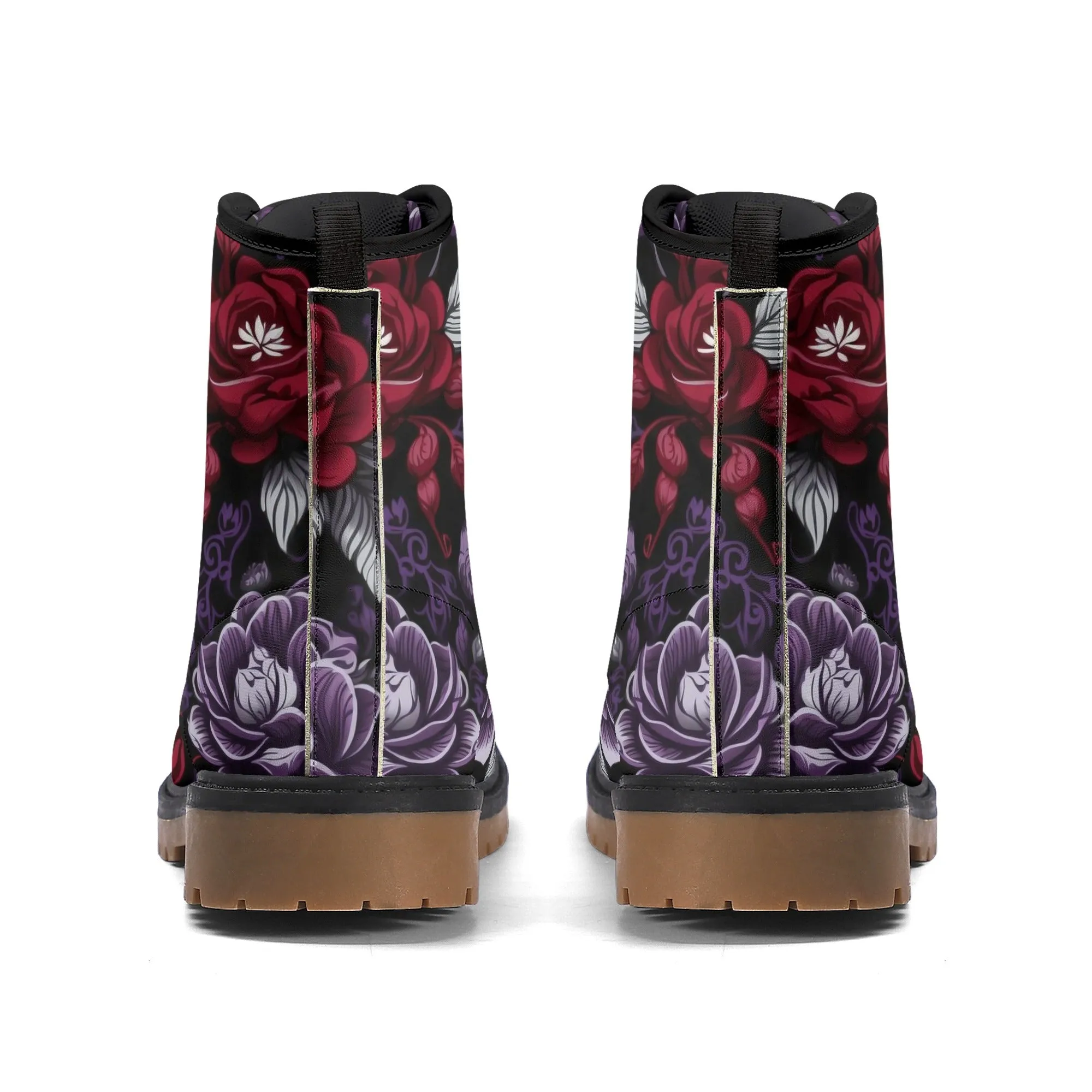 Goth Purple & Red Flowers Womens Luxe Combat Boots